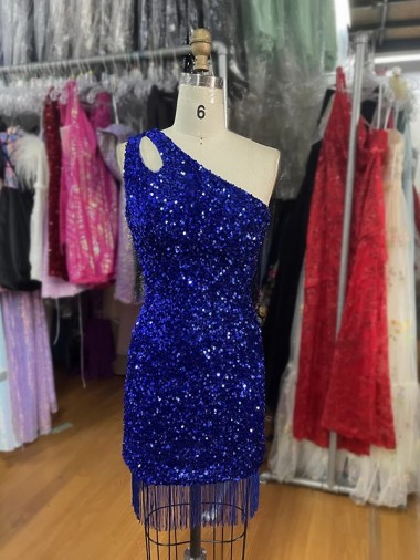 Velvet Sequins One Shoulder Short Sleeveless Homecoming Dress Southampton