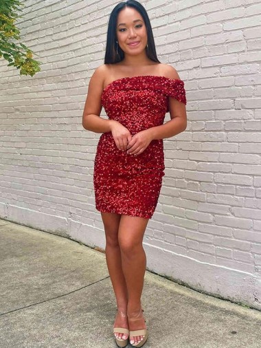 Velvet Sequin One Shoulder Short Sleeveless Prom Dress Southampton