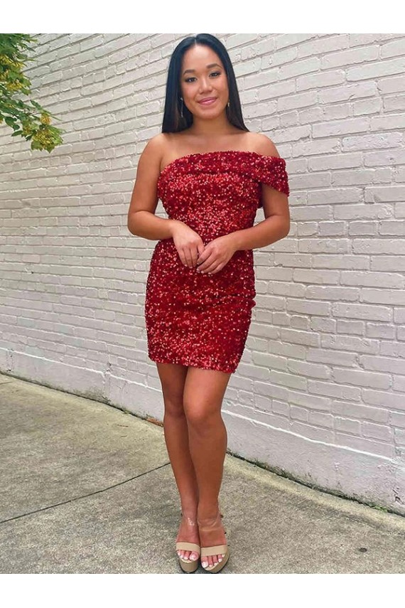 Velvet Sequin One Shoulder Short Sleeveless Prom Dress Southampton