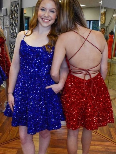 Royal Blue Velvet Sequin Spaghetti Straps Short Sleeveless Prom Dress Southampton