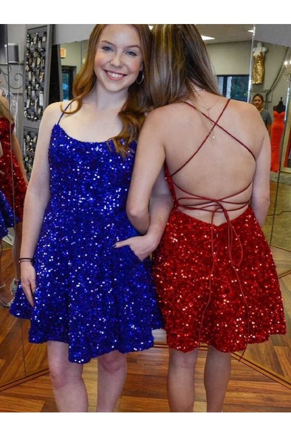 Royal Blue Velvet Sequin Spaghetti Straps Short Sleeveless Prom Dress Southampton