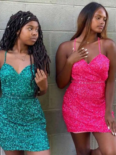 Dark Green Velvet Sequin V-Neck Short Sleeveless Prom Dress Southampton