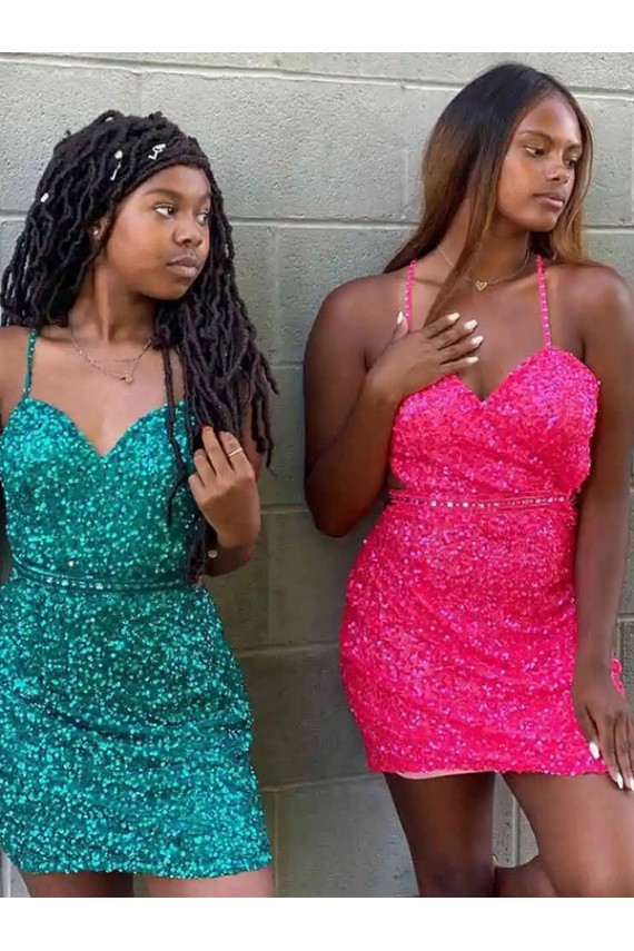 Dark Green Velvet Sequin V-Neck Short Sleeveless Prom Dress Southampton