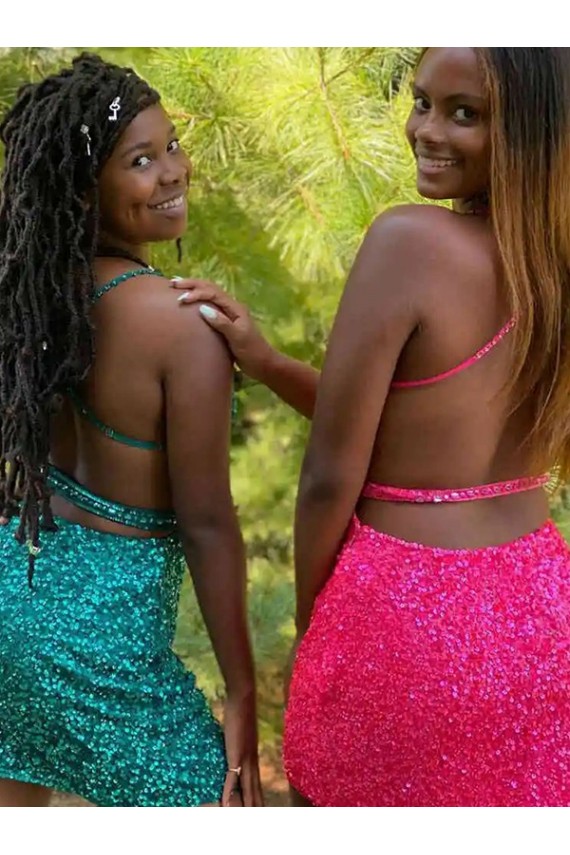 Dark Green Velvet Sequin V-Neck Short Sleeveless Prom Dress Southampton