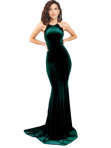 Open Back Stretch Velvet High Neck Sweep Train Sleeveless Formal Evening Gown / Prom Dress / Bridesmaid Dress Southampton