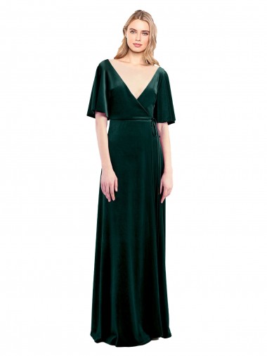 V-Back Dark Green Stretch Velvet V-Neck Long Flutter Sleeves Prom Dress / Bridesmaid Dress Southampton