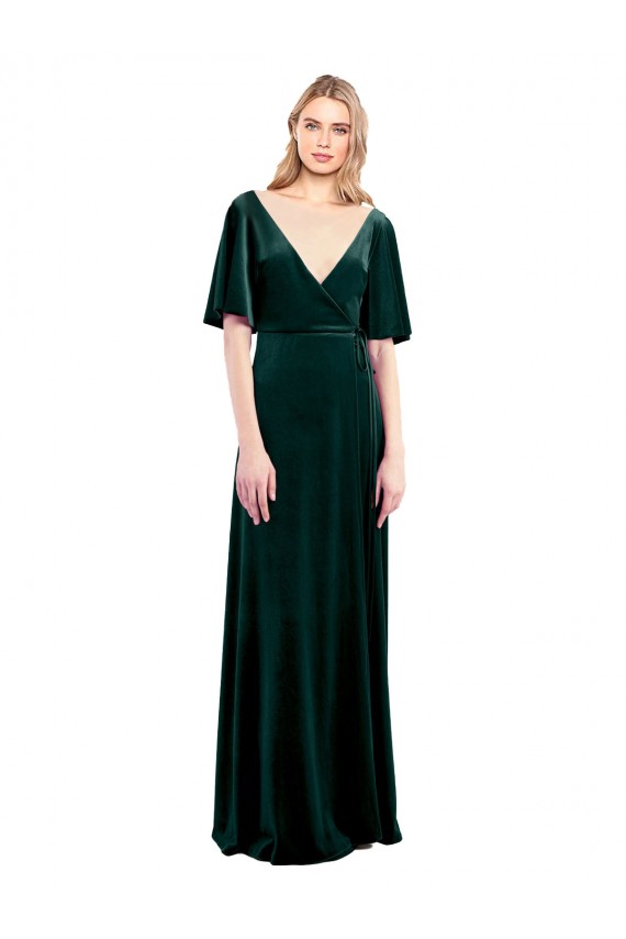 V-Back Dark Green Stretch Velvet V-Neck Long Flutter Sleeves Prom Dress / Bridesmaid Dress Southampton