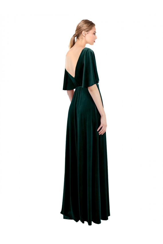 V-Back Dark Green Stretch Velvet V-Neck Long Flutter Sleeves Prom Dress / Bridesmaid Dress Southampton