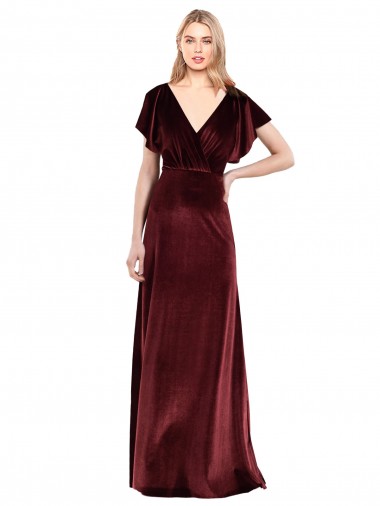 V-Back Burgundy Stretch Velvet V-Neck Long Flutter Sleeves Prom Dress / Bridesmaid Dress Southampton