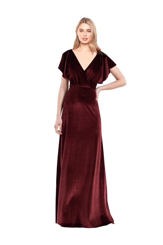 V-Back Burgundy Stretch Velvet V-Neck Long Flutter Sleeves Prom Dress / Bridesmaid Dress Southampton