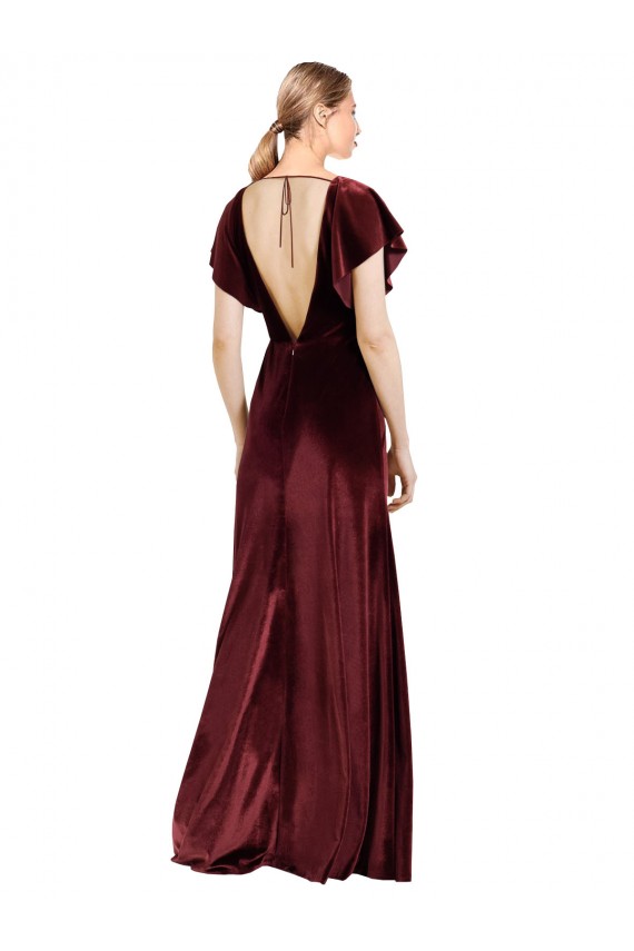 V-Back Burgundy Stretch Velvet V-Neck Long Flutter Sleeves Prom Dress / Bridesmaid Dress Southampton