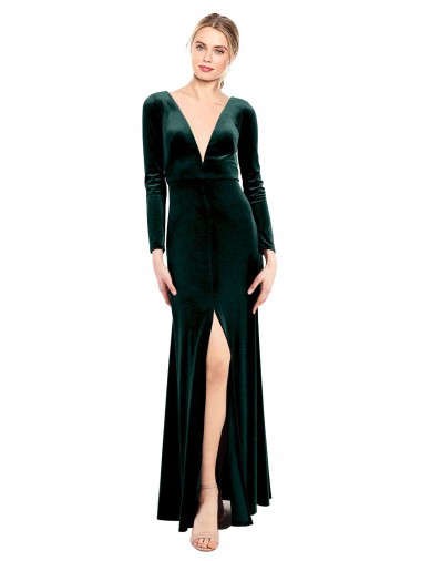 Open Back Stretch Velvet V-Neck Long Long Sleeves Black Tie Prom Dress / Bridesmaid Dress Southampton