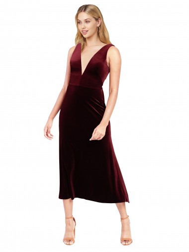V-Back Burgundy Stretch Velvet V-Neck Midi Length Sleeveless Prom Dress / Bridesmaid Dress Southampton