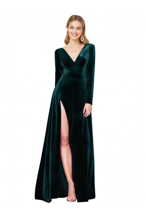 Stretch Velvet V-Neck Sweep Train Long Sleeves Black Tie Evening Gown / Prom Dress / Bridesmaid Dress Southampton