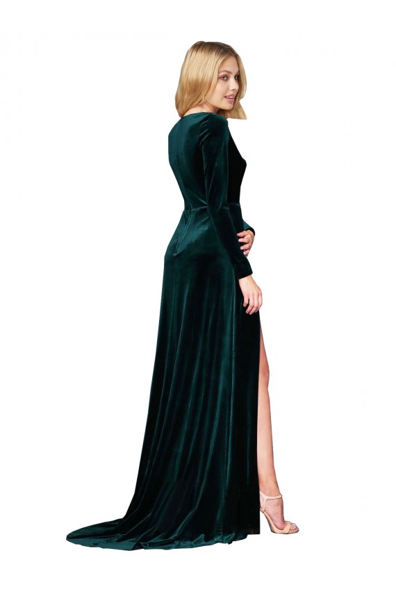 Stretch Velvet V-Neck Sweep Train Long Sleeves Black Tie Evening Gown / Prom Dress / Bridesmaid Dress Southampton