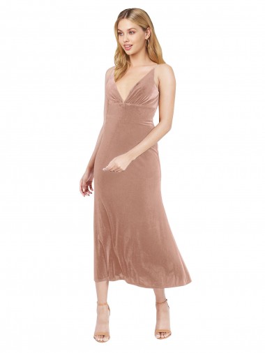 V-Back Pink Stretch Velvet V-Neck Midi Length Sleeveless Prom Dress / Bridesmaid Dress Southampton