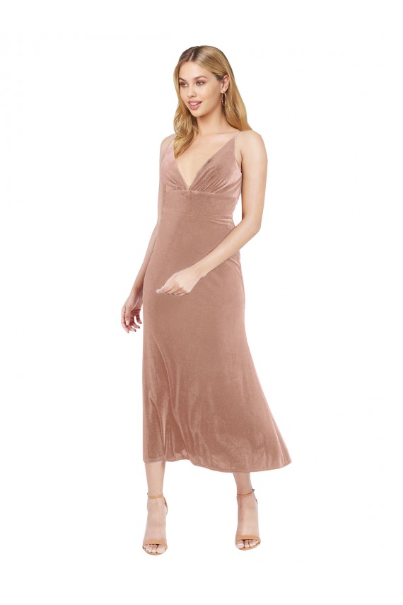 V-Back Pink Stretch Velvet V-Neck Midi Length Sleeveless Prom Dress / Bridesmaid Dress Southampton