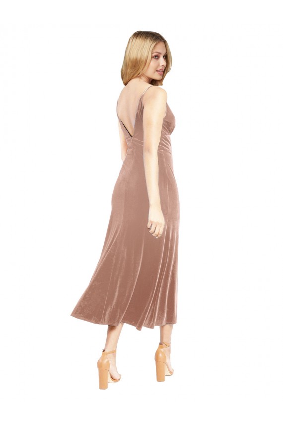 V-Back Pink Stretch Velvet V-Neck Midi Length Sleeveless Prom Dress / Bridesmaid Dress Southampton