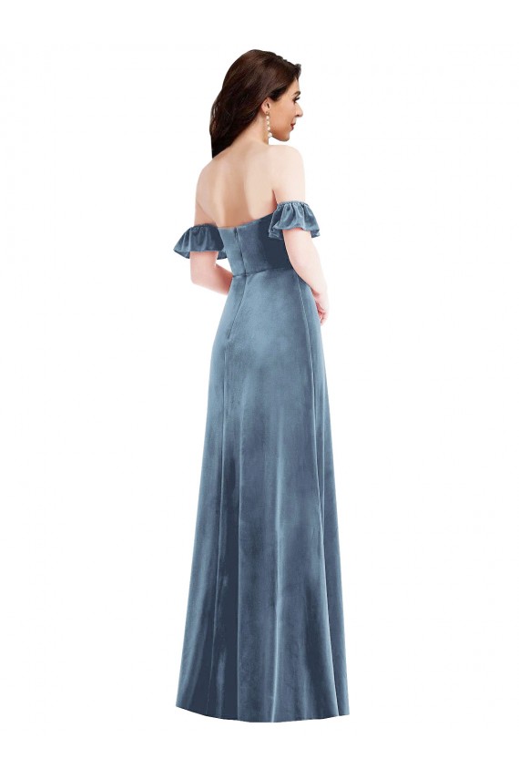 Low Back Stretch Velvet Off the Shoulder Long Ruffle Sleeves Formal Dress / Bridesmaid Dress Southampton