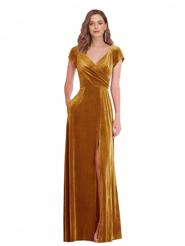 Stretch Velvet V-Neck Long Cap Sleeves Formal Evening Gown / Prom Dress / Bridesmaid Dress Southampton