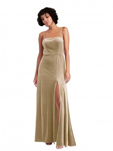 Low Back Champagne Stretch Velvet Square Neck Long Sleeveless Formal Evening Gown / Prom Dress / Bridesmaid Dress Southampton