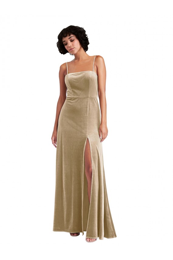 Low Back Champagne Stretch Velvet Square Neck Long Sleeveless Formal Evening Gown / Prom Dress / Bridesmaid Dress Southampton
