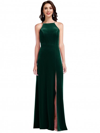Stretch Velvet Halter Neck Long Sleeveless Semi Formal Evening Dress / Prom Dress / Bridesmaid Dress Southampton