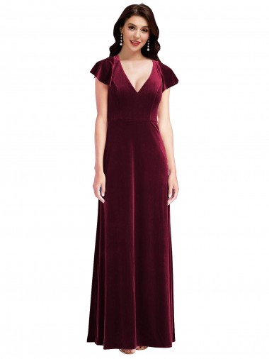 Stretch Velvet V-Neck Long Flutter Sleeves Semi Formal Evening Dress / Prom Dress / Bridesmaid Dress Southampton