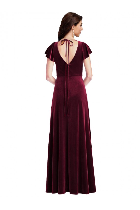 Stretch Velvet V-Neck Long Flutter Sleeves Semi Formal Evening Dress / Prom Dress / Bridesmaid Dress Southampton