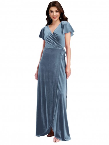 Stretch Velvet V-Neck Long Flutter Sleeves Black Tie Evening Gown / Prom Dress / Bridesmaid Dress Southampton