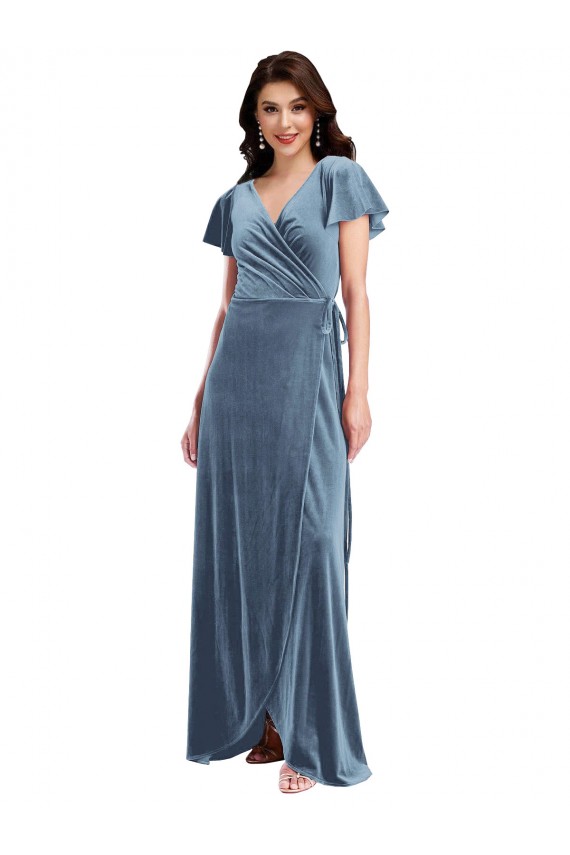 Stretch Velvet V-Neck Long Flutter Sleeves Black Tie Evening Gown / Prom Dress / Bridesmaid Dress Southampton