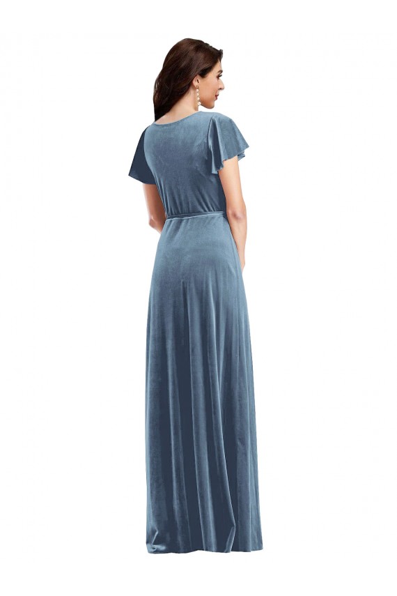 Stretch Velvet V-Neck Long Flutter Sleeves Black Tie Evening Gown / Prom Dress / Bridesmaid Dress Southampton