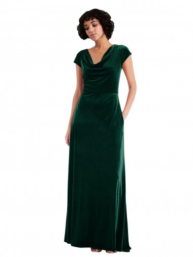 Stretch Velvet Cowl Neck Long Cap Sleeves Black Tie Evening Gown / Prom Dress / Bridesmaid Dress Southampton