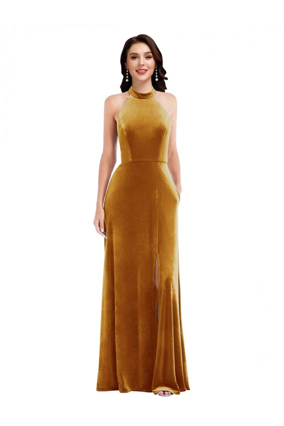 Keyhole Back Stretch Velvet Halter Neck Long Sleeveless Semi Formal Evening Dress / Prom Dress / Bridesmaid Dress Southampton