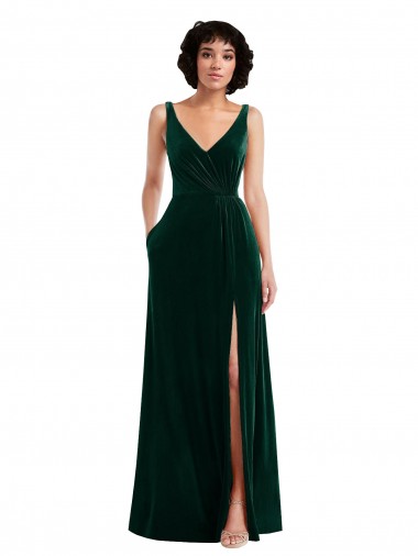V-Back Dark Green Stretch Velvet V-Neck Long Sleeveless Bridesmaid Dress / Evening Dress Southampton