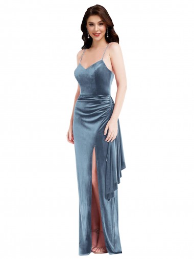 Low Back Dusty Blue Stretch Velvet Spaghetti Straps Long Sleeveless Formal Evening Gown / Prom Dress / Bridesmaid Dress Southampton