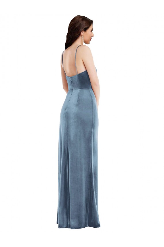 Low Back Dusty Blue Stretch Velvet Spaghetti Straps Long Sleeveless Formal Evening Gown / Prom Dress / Bridesmaid Dress Southampton