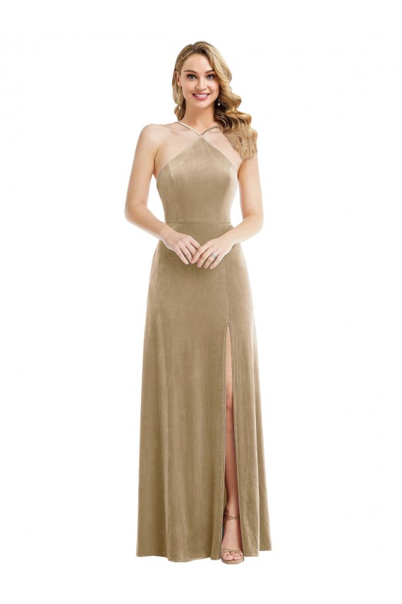 Open Back Stretch Velvet Halter Neck Long Sleeveless Semi Formal Evening Dress / Prom Dress / Bridesmaid Dress Southampton