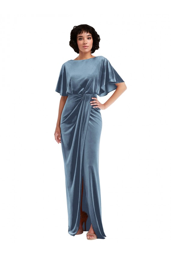 Open Back Stretch Velvet Long Flutter Sleeves Semi Formal Evening Dress / Prom Dress / Bridesmaid Dress Southampton