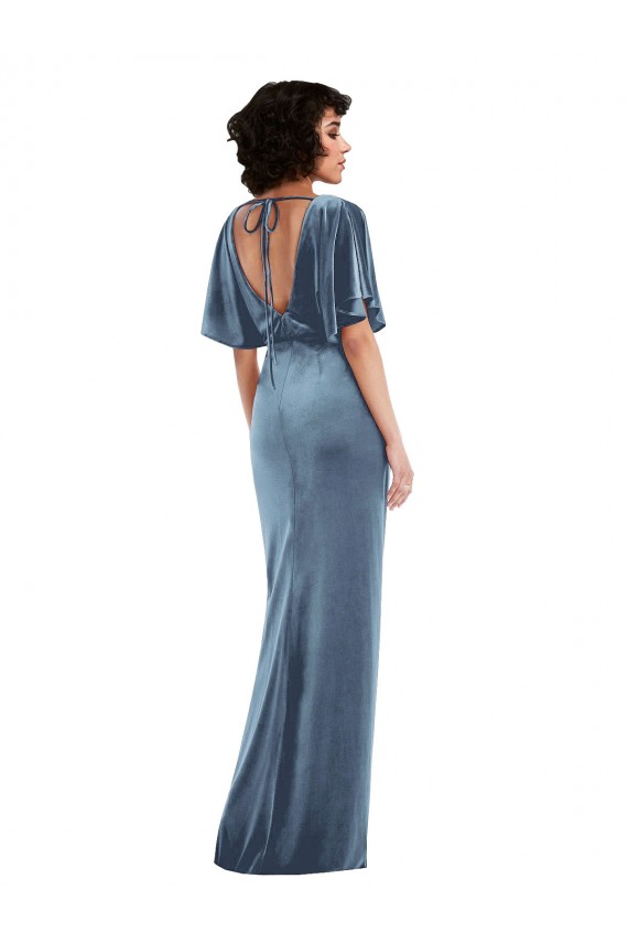 Open Back Stretch Velvet Long Flutter Sleeves Semi Formal Evening Dress / Prom Dress / Bridesmaid Dress Southampton
