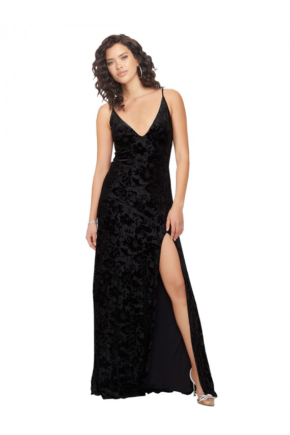 Open Back Floral Velvet & Stretch Velvet V-Neck Long Sleeveless Bridesmaid Dress Southampton