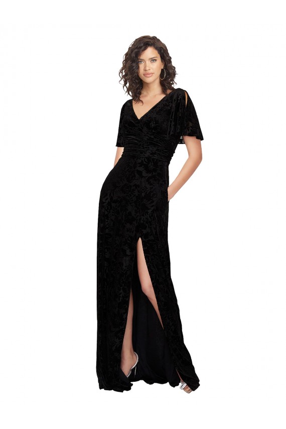V-Back Floral Velvet & Stretch Velvet V-Neck Long Short Split Sleeves Bridesmaid Dress Southampton