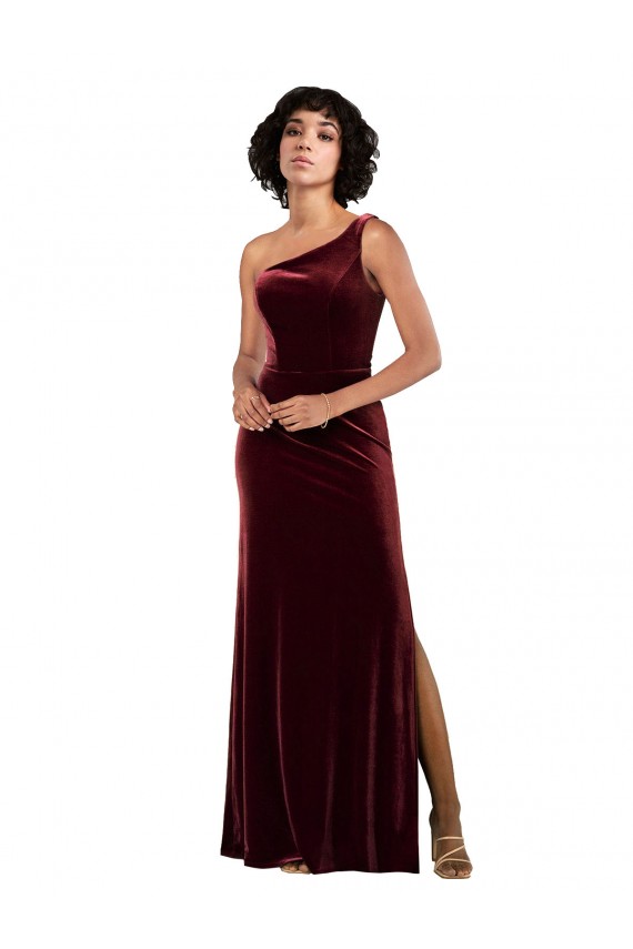 Burgundy Stretch Velvet One Shoulder Long Sleeveless Formal Evening Gown / Prom Dress / Bridesmaid Dress Southampton