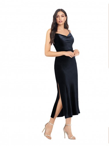 Low Back Stretch Velvet Cowl Neck Midi Length Sleeveless Formal Evening Gown / Prom Dress / Bridesmaid Dress Southampton