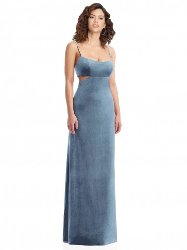 Low Back Dusty Blue Stretch Velvet Square Neck Long Sleeveless Formal Evening Gown / Prom Dress / Bridesmaid Dress Southampton