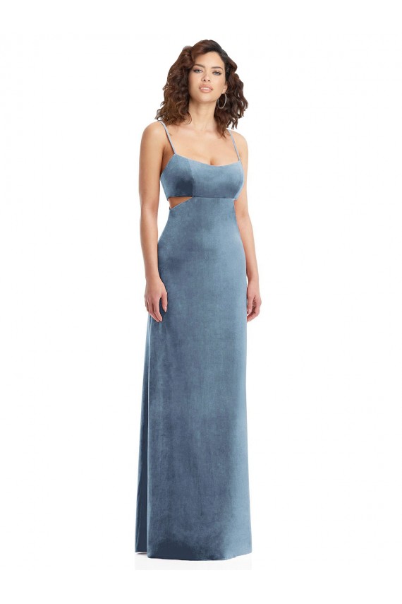Low Back Dusty Blue Stretch Velvet Square Neck Long Sleeveless Formal Evening Gown / Prom Dress / Bridesmaid Dress Southampton