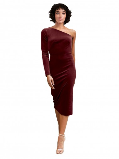 Stretch Velvet One Shoulder Midi Length Long Sleeves Black Tie Prom Dress / Bridesmaid Dress Southampton