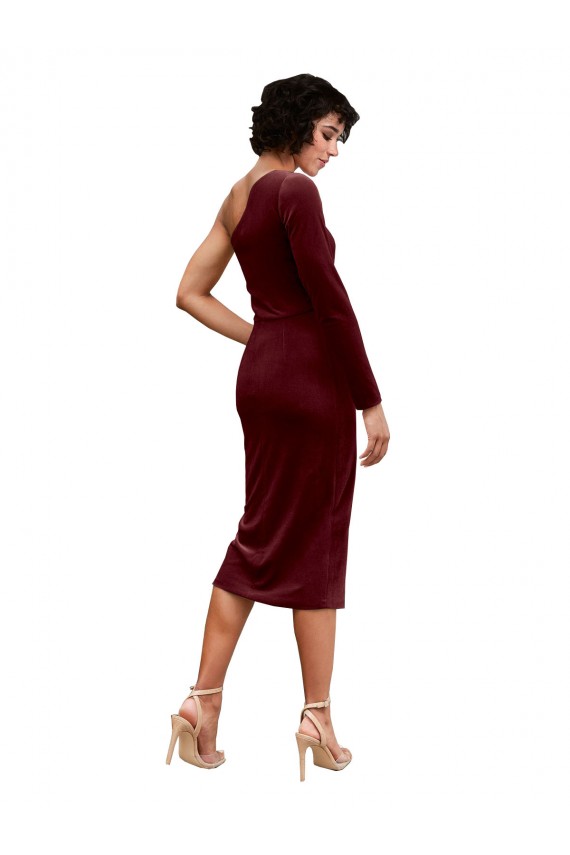 Stretch Velvet One Shoulder Midi Length Long Sleeves Black Tie Prom Dress / Bridesmaid Dress Southampton