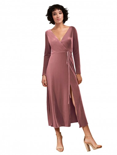 Stretch Velvet V-Neck Midi Length Long Sleeves Black Tie Prom Dress / Bridesmaid Dress Southampton