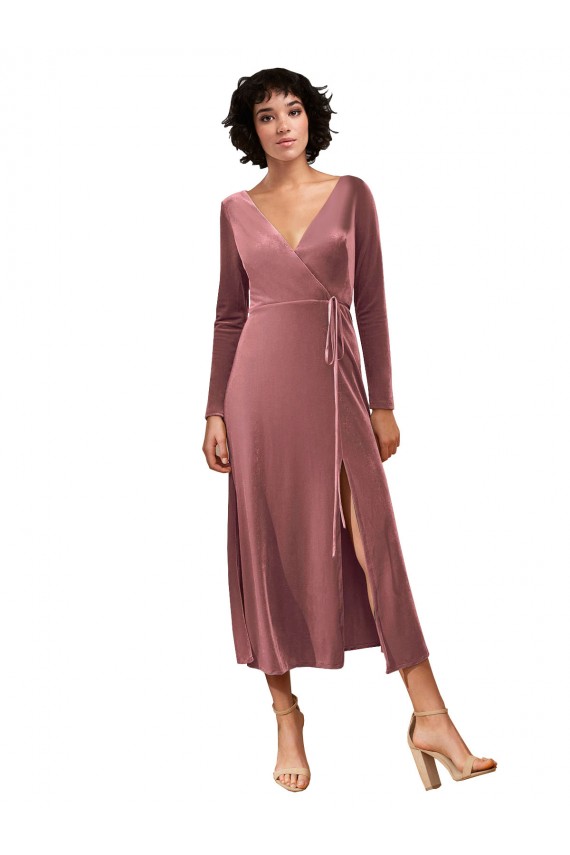 Stretch Velvet V-Neck Midi Length Long Sleeves Black Tie Prom Dress / Bridesmaid Dress Southampton